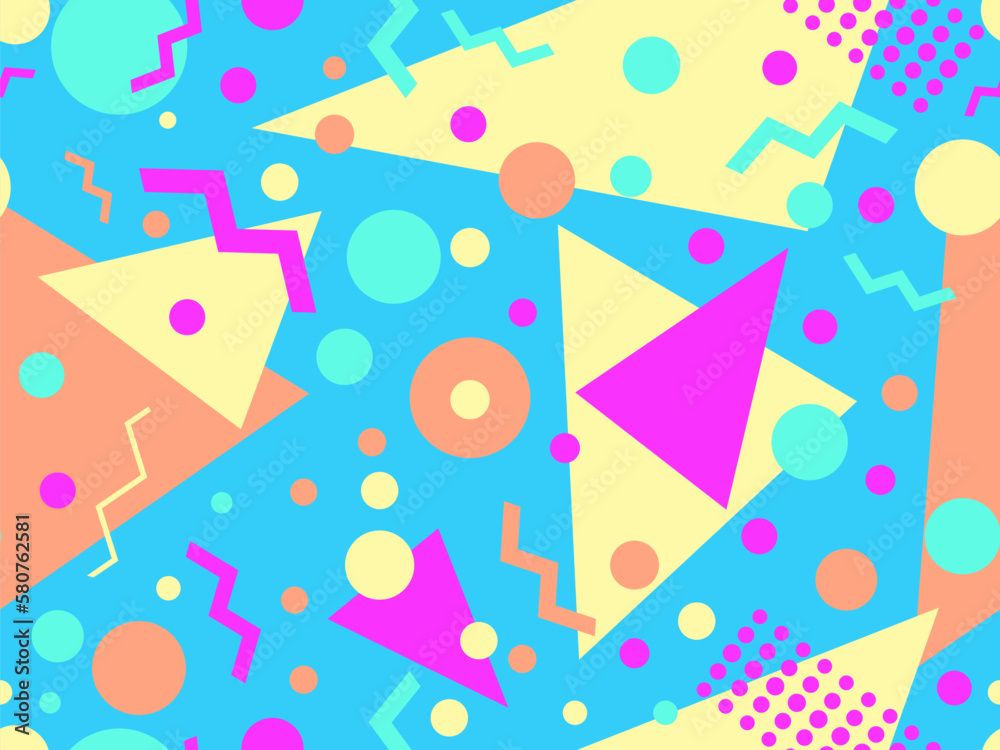 Seamless geometric pattern in 80s memphis style. Colorful geometric shapes. Design of promotional products, wrapping paper and printing. Vector illustration Seamless geometric pattern in 80s memphis style. Colorful geometric shapes. Design of promotional products, wrapping paper and printing. Vector illustration
