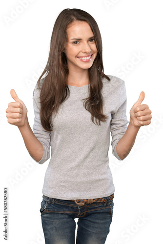 Close-up portrait of young woman isolated on white background