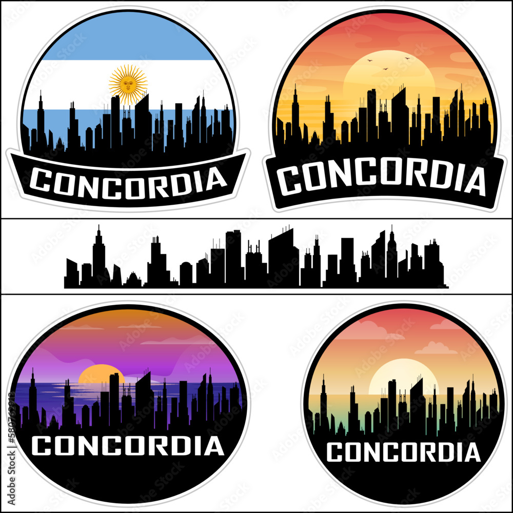 Concordia Skyline Silhouette Argentina Flag Travel Souvenir Sticker Sunset Background Vector Illustration SVG EPS AI