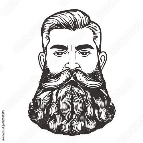 Bearded hipster man face portrait sketch drawing. Hairstyle head guy. Barbershop emblem, logo concept. Profile avatar character. Bearded male silhouette. Black vector illustration isolated on white.
