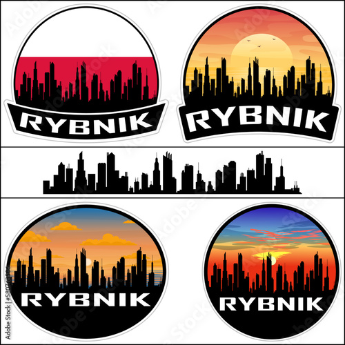 Rybnik Skyline Silhouette Poland Flag Travel Souvenir Sticker Sunset Background Vector Illustration SVG EPS AI