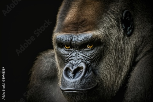 A lovely picture of a gorilla. Male gorilla on black background, closeup face of a gorilla. Generative AI © AkuAku