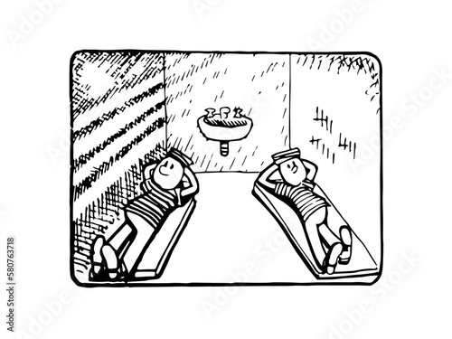 Prisoners characters resting in their cells inside a prison. Black and white hand drawn cartoon style sketch vector illustration.