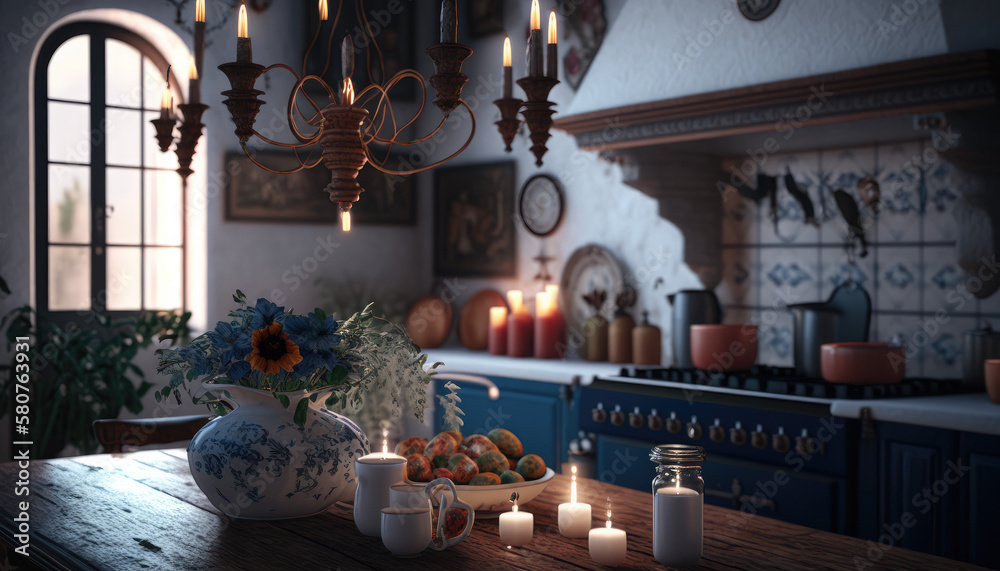 Fototapeta premium Mediterranean style kitchen interior design illustration created using generative AI.