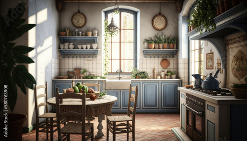Mediterranean style kitchen interior design illustration created using generative AI.