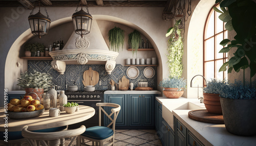 Mediterranean style kitchen interior design illustration created using generative AI.