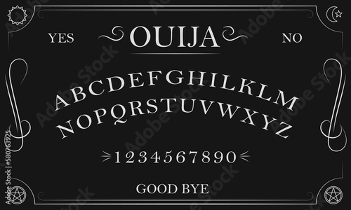 Ouija Board. Black and white symbols of moon ,sun, texts and alphabet. Talking board and planchette used on seances for communicating with the dead / high contrast image 