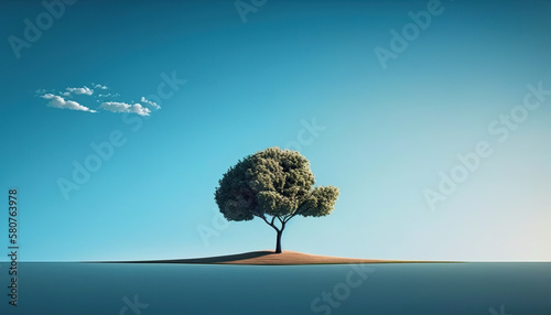 Illustration minimal tree landscape with copy space blue sky. Tree in open space and the sky. 3D realistic illustration. Based on Generative AI