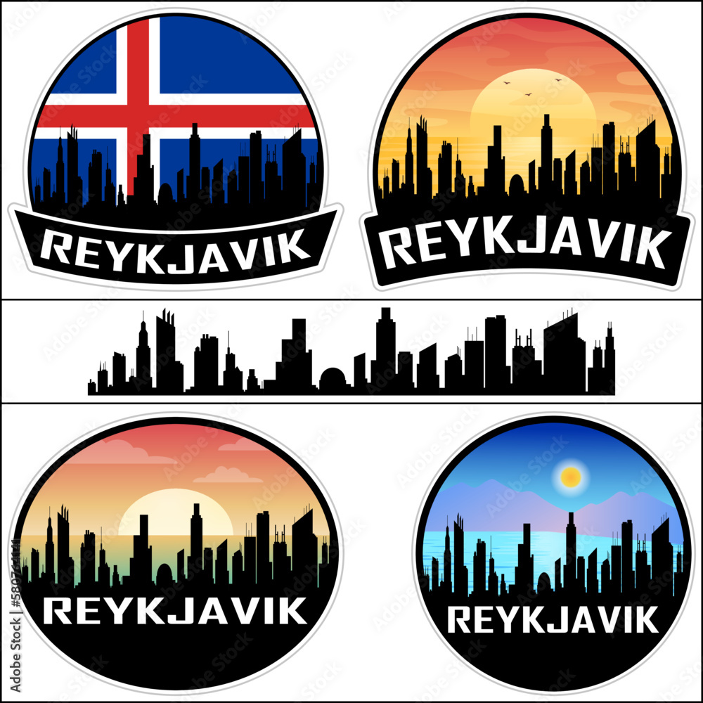 Reykjavik Skyline Silhouette Iceland Flag Travel Souvenir Sticker Sunset Background Vector Illustration SVG EPS AI