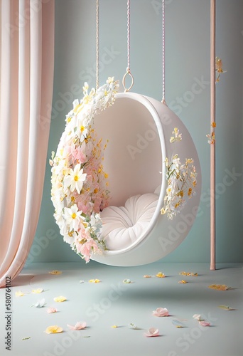 White floral swing. Soft pastel backdrop for photography