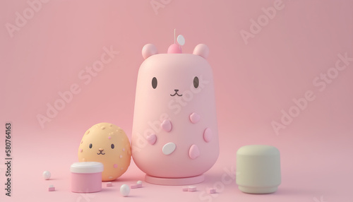 Minimal pastel pink background with cute objects. Pink background monochrome concept copy space. 3D realistic illustration. Based on Generative AI