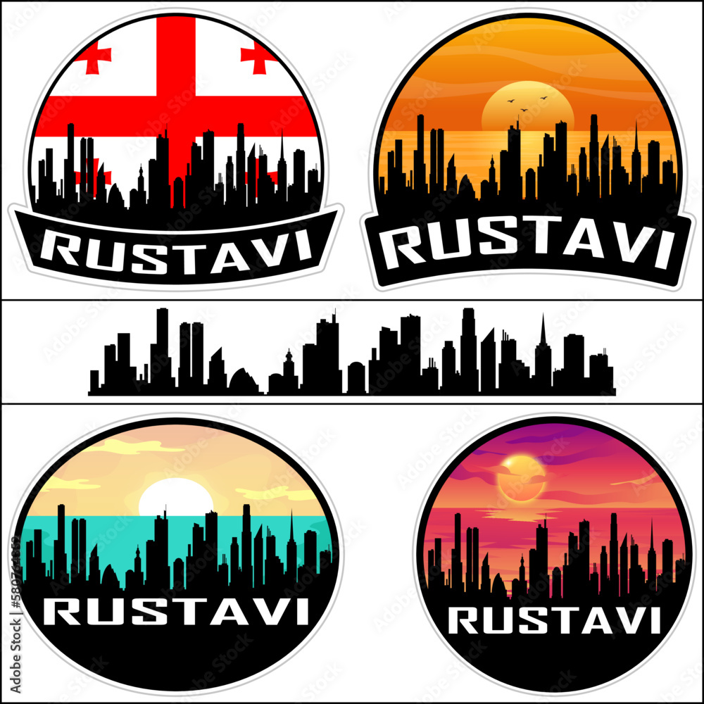 Rustavi Skyline Silhouette Georgia Flag Travel Souvenir Sticker Sunset Background Vector Illustration SVG EPS AI