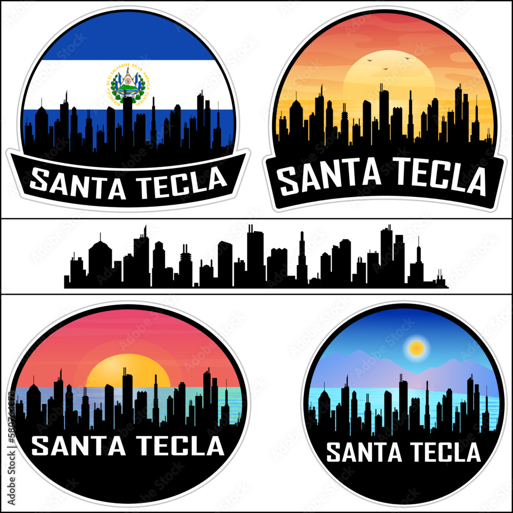 Santa Tecla Skyline Silhouette El Salvador Flag Travel Souvenir Sticker Sunset Background Vector Illustration SVG EPS AI