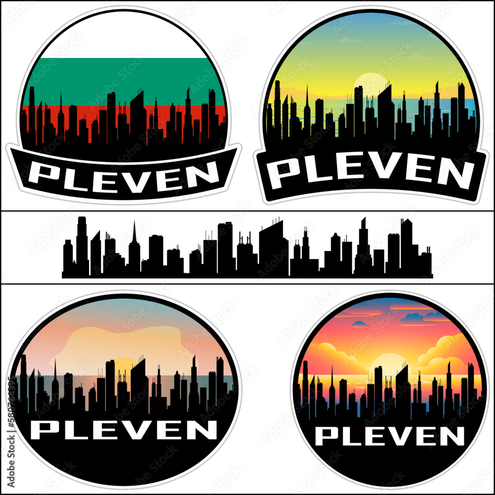 Pleven Skyline Silhouette Bulgaria Flag Travel Souvenir Sticker Sunset Background Vector Illustration SVG EPS AI