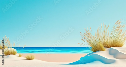 Illustration minimal summer beach landscape with copy space blue. White sand on the beach. 3D realistic illustration. Based on Generative AI