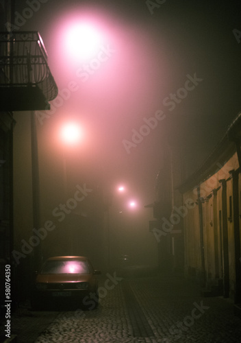 fog in the city with lights