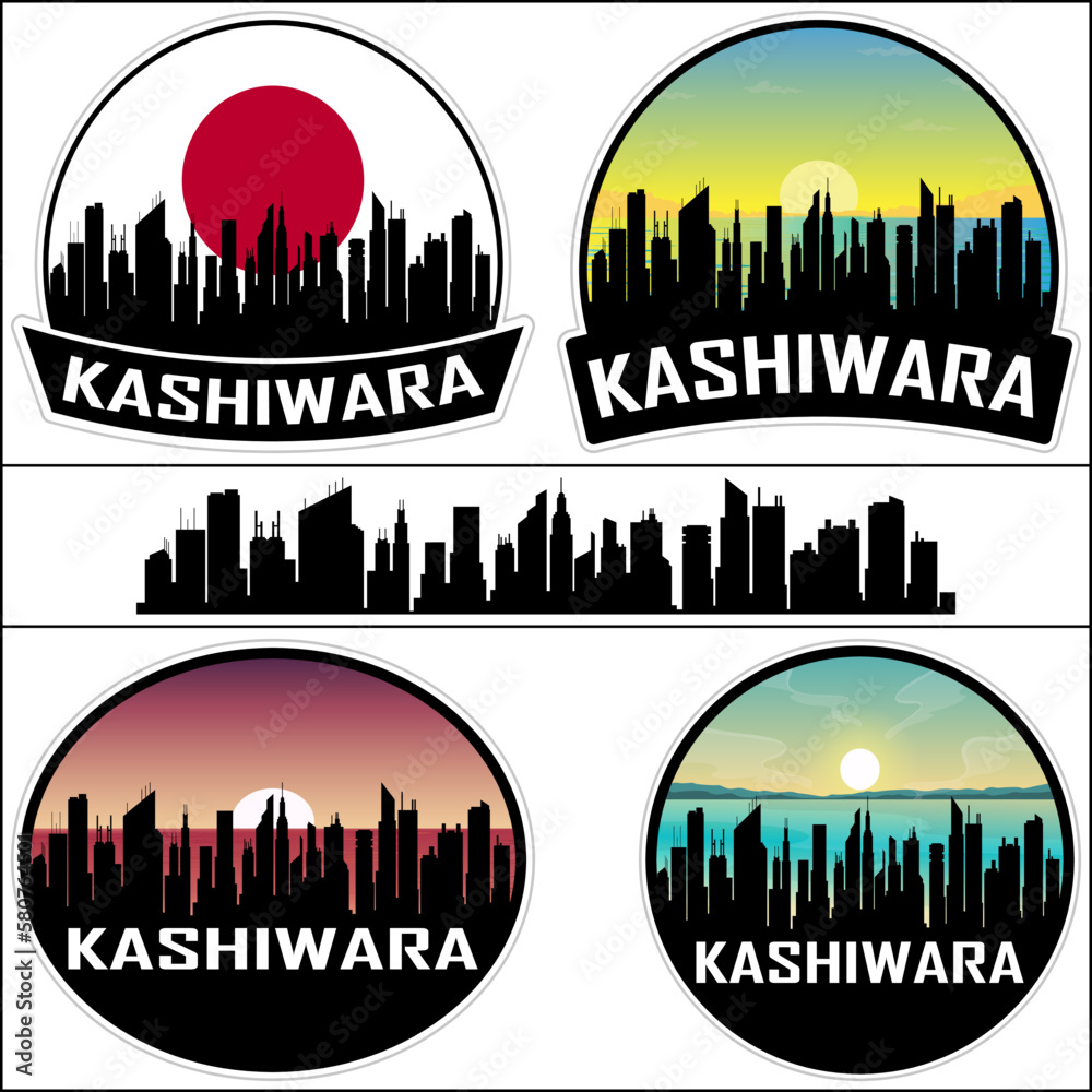 Kashiwara Skyline Silhouette Japan Flag Travel Souvenir Sticker Sunset Background Vector Illustration SVG EPS AI