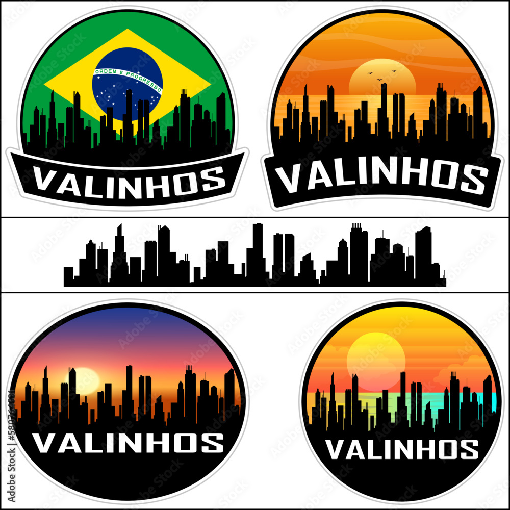 Valinhos Skyline Silhouette Brazil Flag Travel Souvenir Sticker Sunset Background Vector Illustration SVG EPS AI