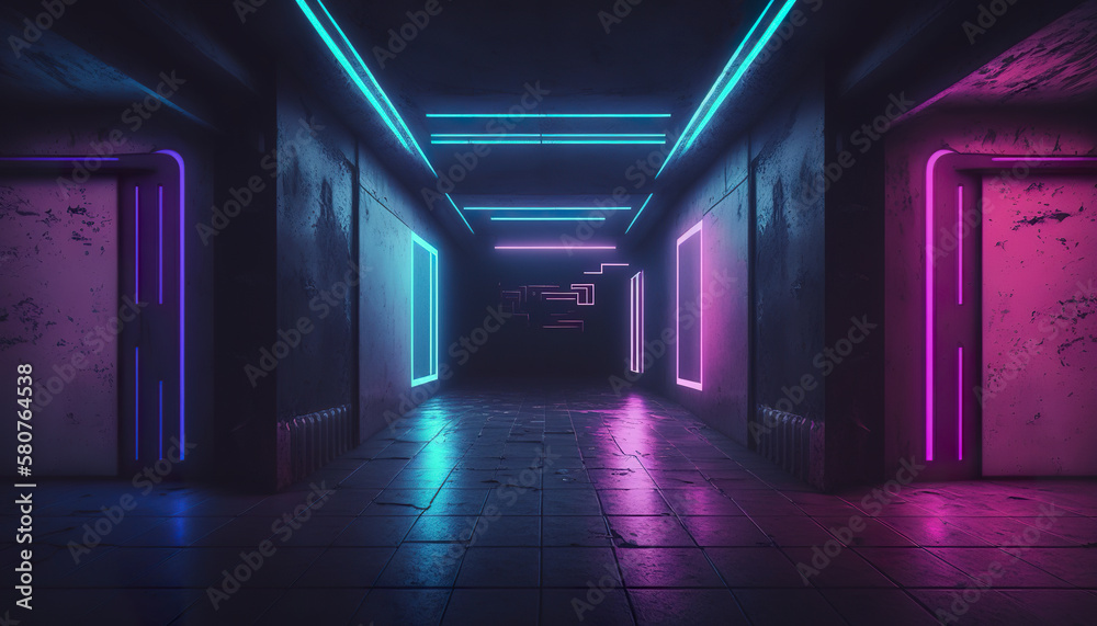 Empty concrete grunge club background with purple and blue glowing neon. Neon sci-fi style modern futuristic concept background. 3D realistic illustration. Based on Generative AI