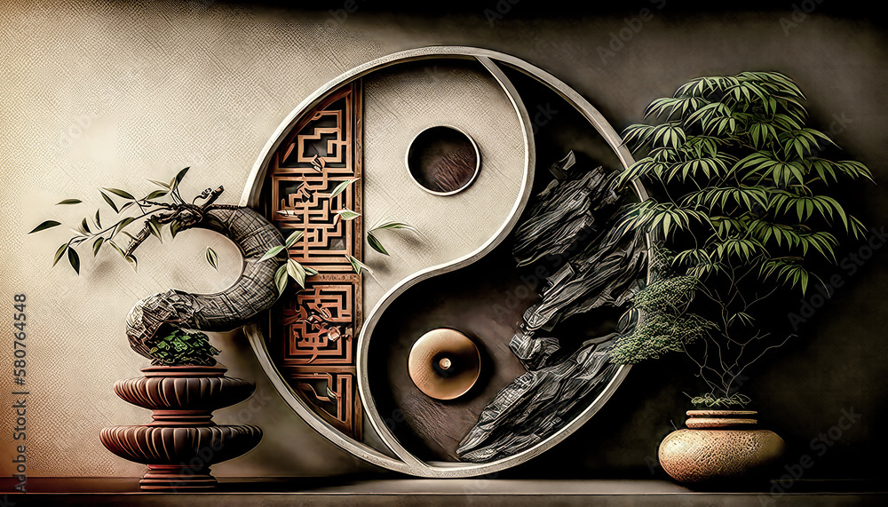 Feng Shui Ying Yang Symbol Energie und Zen Illustration Generative AI Digital Art Kunst Hintergrund Cover Magazin - obrazy, fototapety, plakaty 