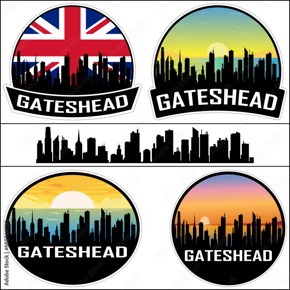 Gateshead Skyline Silhouette Uk Flag Travel Souvenir Sticker Sunset Background Vector Illustration SVG EPS AI