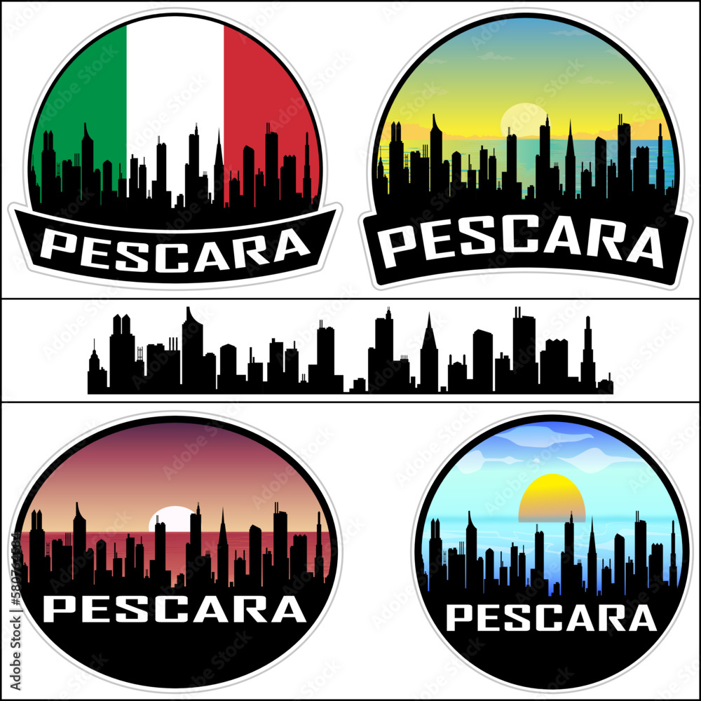 Pescara Skyline Silhouette Italy Flag Travel Souvenir Sticker Sunset Background Vector Illustration SVG EPS AI