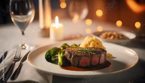 Meat steak on white plate served with broccoli and potatoes in interior of restaurant, sunset light. Generation AI