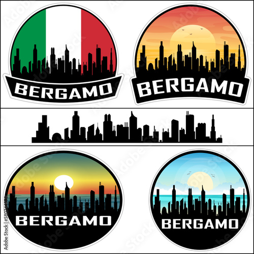Bergamo Skyline Silhouette Italy Flag Travel Souvenir Sticker Sunset Background Vector Illustration SVG EPS AI