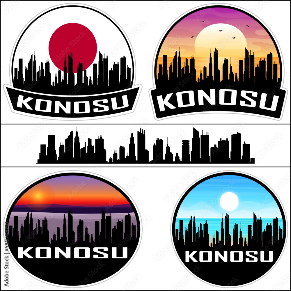 Konosu Skyline Silhouette Japan Flag Travel Souvenir Sticker Sunset Background Vector Illustration SVG EPS AI