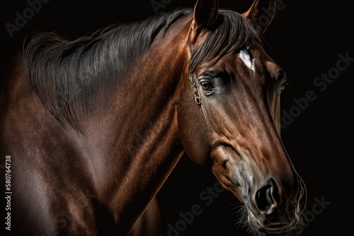 Fine art shot of a dark chestnut brown quarter horse gelding on a black background. Generative AI © AkuAku