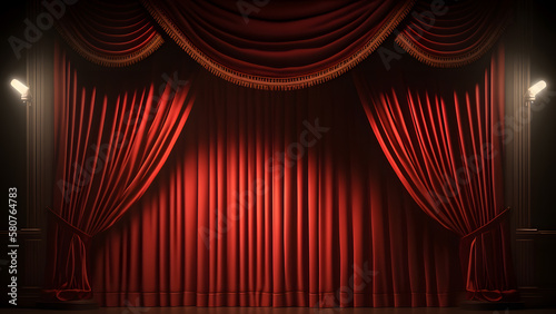 Red curtains of theater stage show spotlight  background for poster. Generation AI