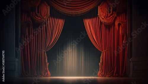 Red curtains of theater stage show spotlight  background for poster. Generation AI