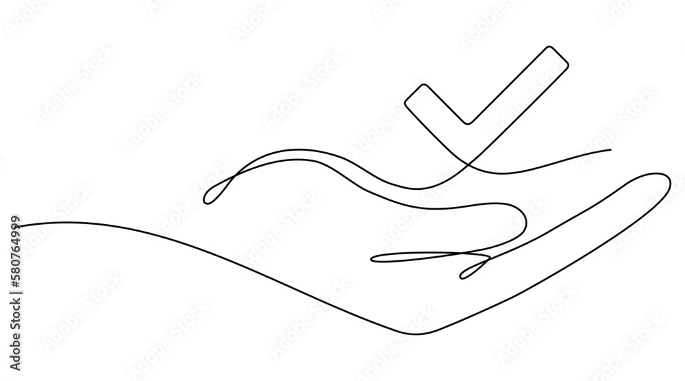 Hand holds award checkmark sign continuous line drawing. Approval check symbol. Vector illustration isolated on white. Hand holds award checkmark sign continuous line drawing. Approval check symbol. Vector illustration isolated on white.
