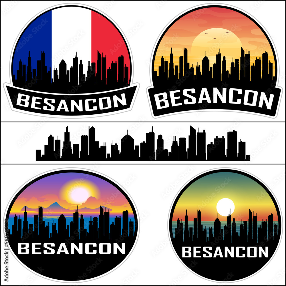 Besancon Skyline Silhouette France Flag Travel Souvenir Sticker Sunset Background Vector Illustration SVG EPS AI