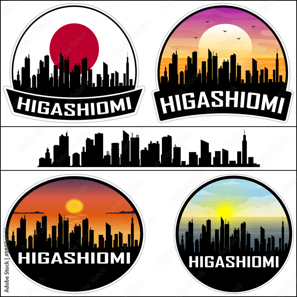 Higashiomi Skyline Silhouette Japan Flag Travel Souvenir Sticker Sunset Background Vector Illustration SVG EPS AI