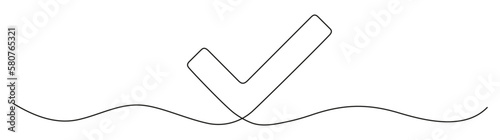 Check mark continuous line art drawing. Vector illustration isolated on white.