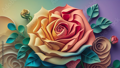 3D natural illustration of colorful blooming rose flower. Rainbow rose flower. 3D realistic illustration. Based on Generative AI