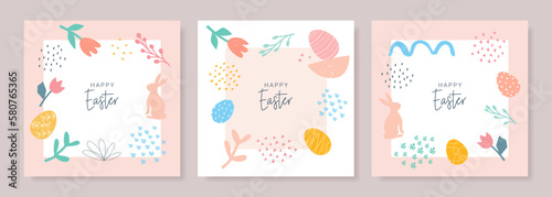 Happy Easter. Set of banners, greeting cards, posters, holiday covers. Modern abstract design with typography, doodles, eggs and bunny, organic nature shapes. Trendy minimalist style.