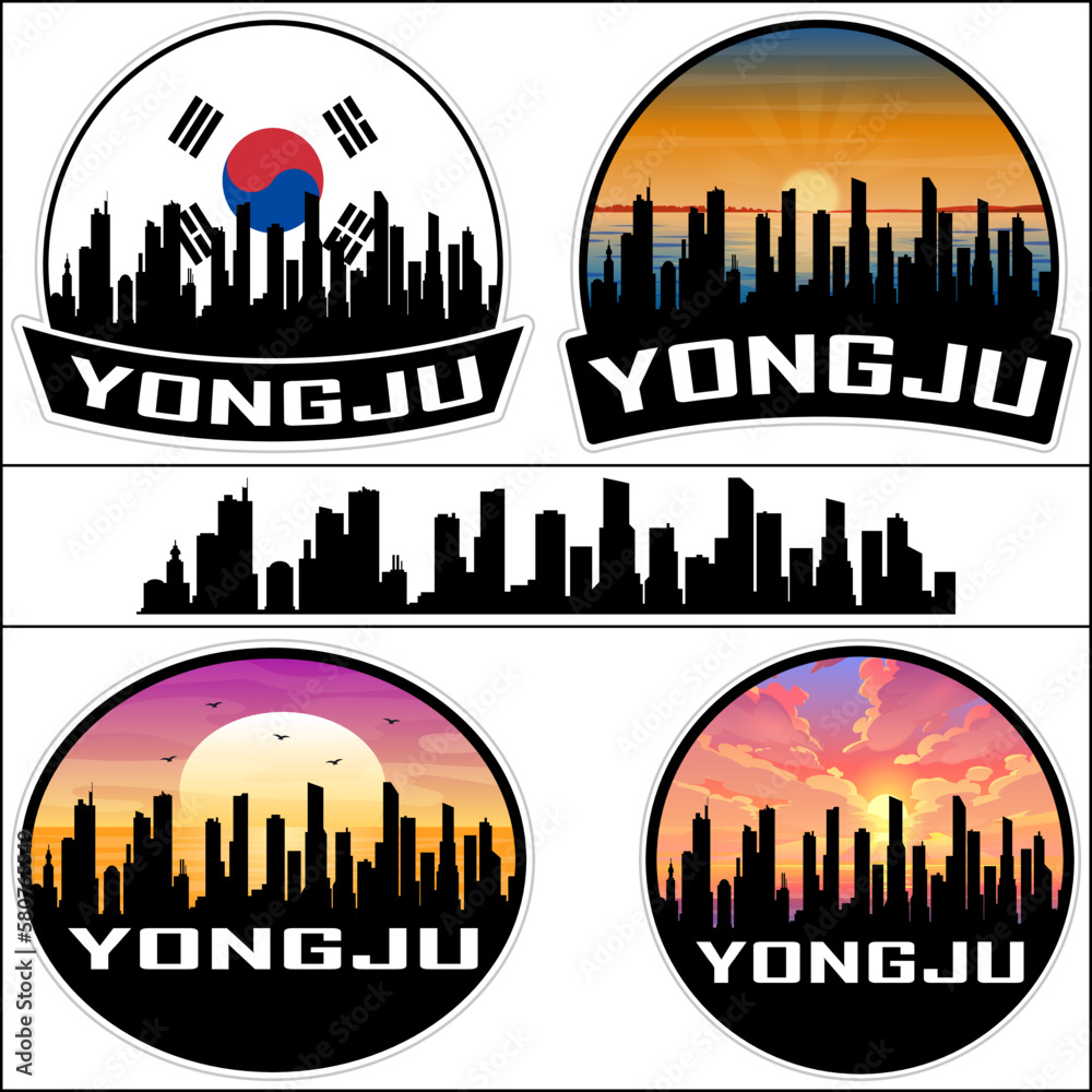 Yongju Skyline Silhouette South Korea Flag Travel Souvenir Sticker Sunset Background Vector Illustration SVG EPS AI