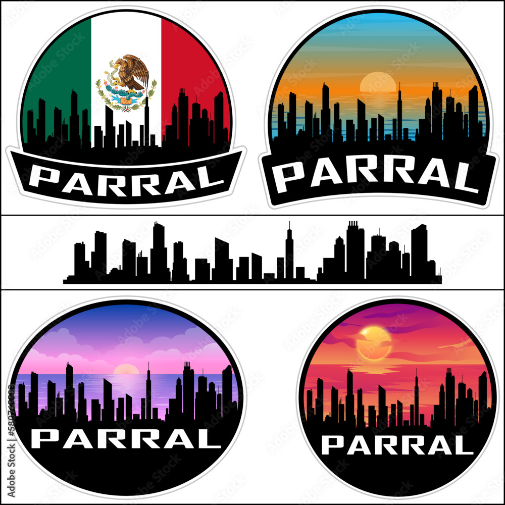 Parral Skyline Silhouette Mexico Flag Travel Souvenir Sticker Sunset Background Vector Illustration SVG EPS AI