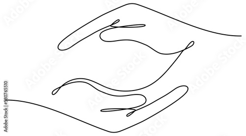 Continuous line drawing hands palms. Two human hands together line art. Vector illustration isolated on white.
