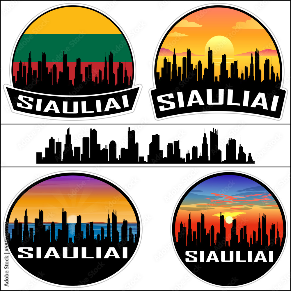 Siauliai Skyline Silhouette Lithuania Flag Travel Souvenir Sticker Sunset Background Vector Illustration SVG EPS AI