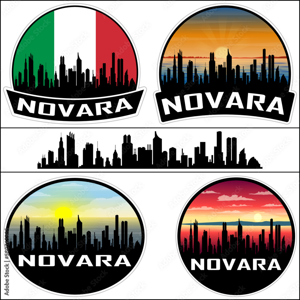 Novara Skyline Silhouette Italy Flag Travel Souvenir Sticker Sunset Background Vector Illustration SVG EPS AI