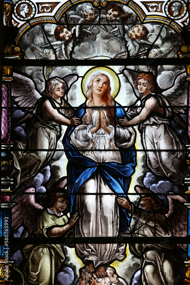 Saint Augustin's church, Deauville, France. Stained glass. Mary's Assumption.