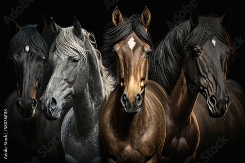 A picture of a group of horses on a black background for a banner. Generative AI