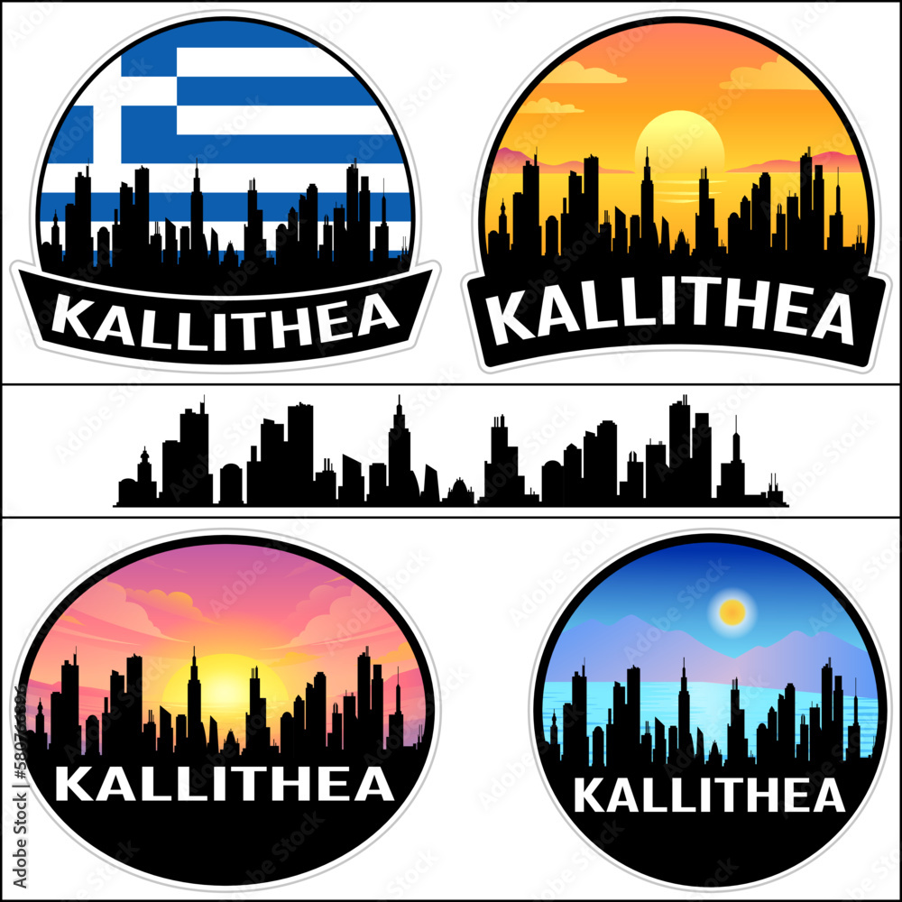 Kallithea Skyline Silhouette Greece Flag Travel Souvenir Sticker Sunset Background Vector Illustration SVG EPS AI