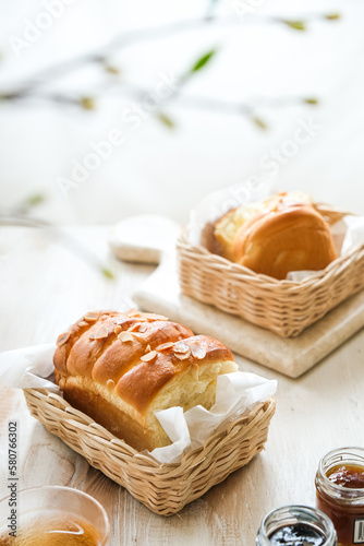 Almond sugar bread on the table. brightmood photography concept photo