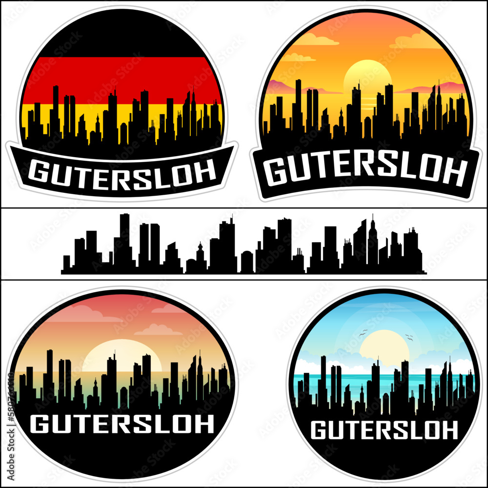 Gutersloh Skyline Silhouette Germany Flag Travel Souvenir Sticker Sunset Background Vector Illustration SVG EPS AI