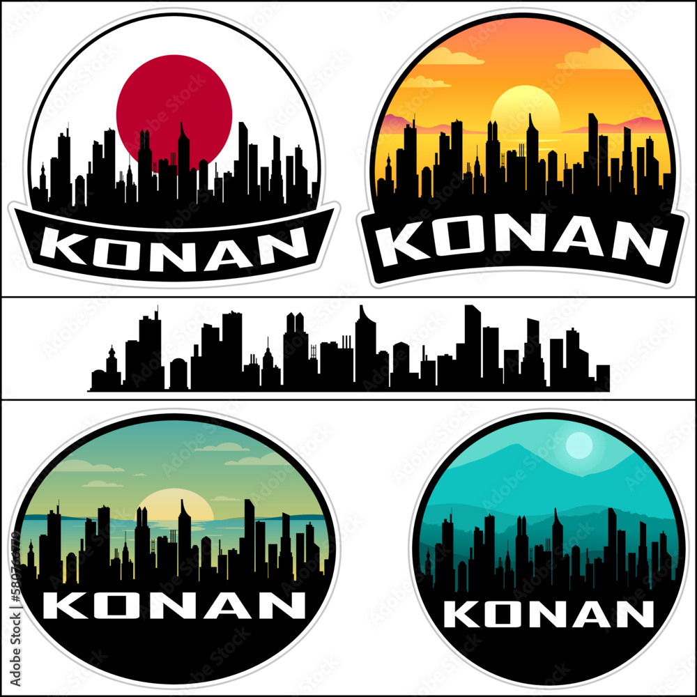 Konan Skyline Silhouette Japan Flag Travel Souvenir Sticker Sunset Background Vector Illustration SVG EPS AI