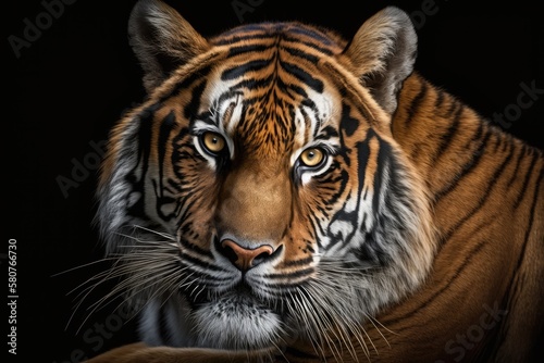 Close up of a tiger, big cat on black background, looking at the camera. Generative AI © AkuAku